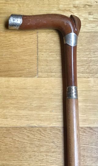 Vintage Walking Stick Cane Sterling Silver Handle Wood Shaft Antique 33.  5 "