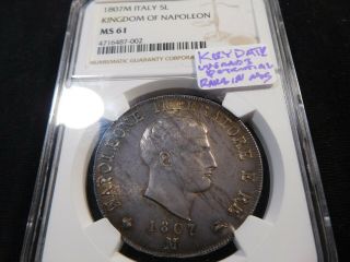 Y64 Italy Kingdom Of Napoleon 1807 - M 5 Lire Ngc Ms - 61 Key Date Rare In Ms