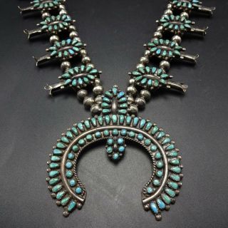 Vintage Zuni Sterling Silver Petit Point Turquoise Squash Blossom Necklace