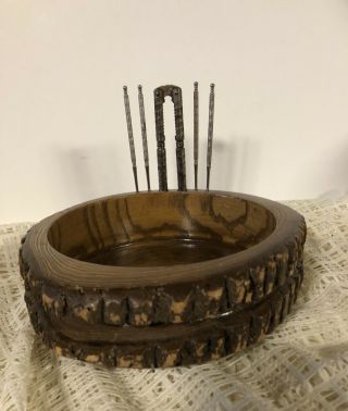 Vintage Wooden Nut Bowl W Bark Edges Tools Side Storage Unusual