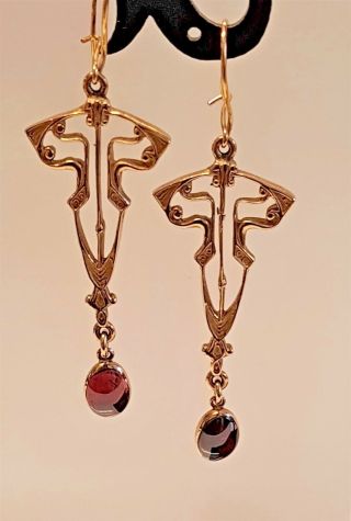 Victorian Art Nouveau 9ct Gold And Almandine Garnet Earrings.  5.  8 Cm Drop.