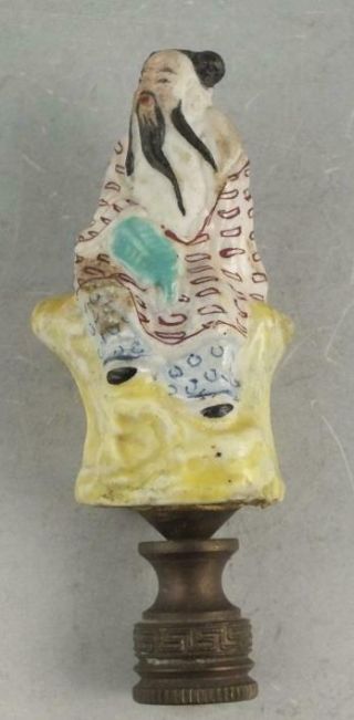 Antique Chinese Porcelain Lamp Finial With Famille Rose Figure Of An Immortal