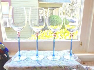 4 Pc Art Deco Antique Wine Or Water Stemware Goblets - 3 Pink Beads On Blue Stems
