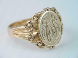 Lg Antique Victorian Solid 10k Gold Signet Ring Ornate Sz 10 Look