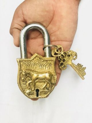 Vintage Old Antique Style Brass Handcrafted Fine Horse Shape Pad Lock With Key