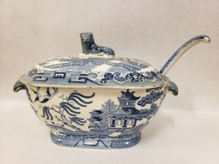 Vintage Blue Willow 3 Piece Large Soup Tureen With Lid And Ladle