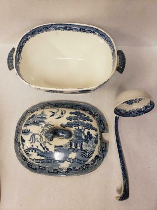 Vintage Blue Willow 3 Piece Large Soup Tureen with Lid and Ladle 6