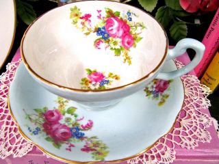 Foley Tea Cup And Saucer Baby Blue Color With Roses & Tulips Pattern Teacup