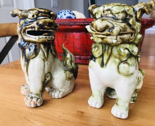 Vintage Green Glazed Ceramic Foo Dogs - Made In Okinawa