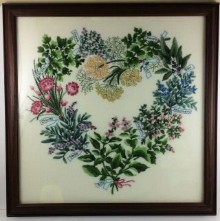Embroidery Heart Herbs Crewel Work Fiber Art Solid Wood Frame Vtg Garden Ooak
