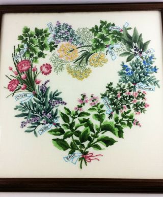 Embroidery Heart Herbs Crewel Work Fiber Art Solid Wood Frame VTG Garden OOAK 2