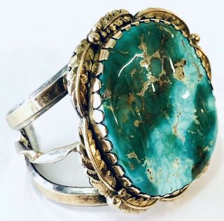 Large Vintage Turquoise Cuff Bracelet 925 14k Gold Overlay Native American Green