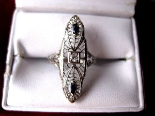 Antique 14k White Gold " Navette " Filigree Ring: Diamond & Sapphires,  Art Deco