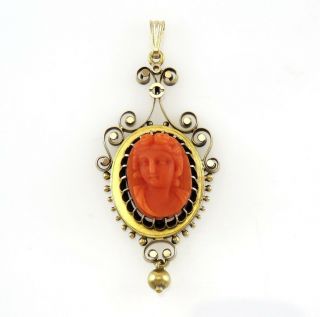Antique Victorian 14k Yellow Gold Carved Coral Cameo Necklace Pendant