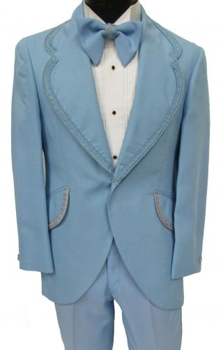 Mens True Vintage Light Blue Tuxedo Jacket,  Pants,  & Bow Tie Retro 1970 