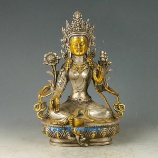 Chinese Antique Tibet Silver Gilt Carved Figure Of Green Tara Buddha Statue