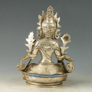 Chinese Antique Tibet Silver Gilt Carved Figure Of Green tara Buddha Statue 3