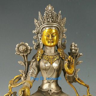 Chinese Antique Tibet Silver Gilt Carved Figure Of Green tara Buddha Statue 5