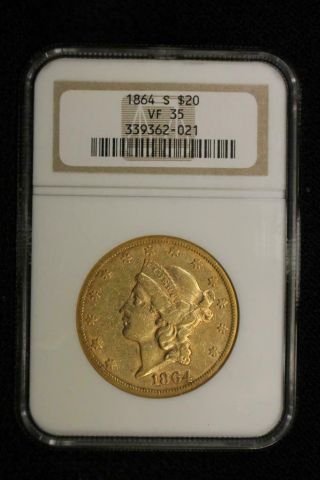 Rare 1864 - S $20 Gold Coin Liberty Double Eagle Civil War Date Ngc Vf 35
