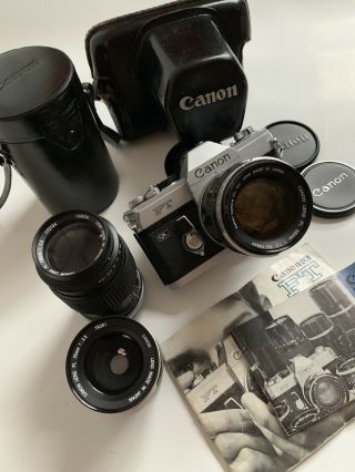Vintage Canon Ftb Ql 35mm Film Slr Camera Bundle W/ Fl 35mm 50mm & 135mm Lenses