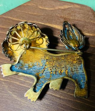 Vintage Chinese Gilt Sterling Filigree Enamel Coral Food Dog Lion Brooch 5