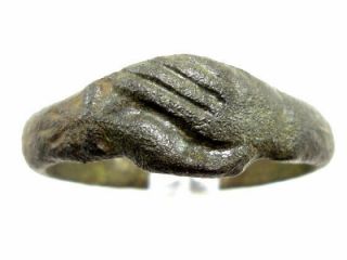 Rare Attractive Roman Bronze Clasped Hands Ring,  As Found,