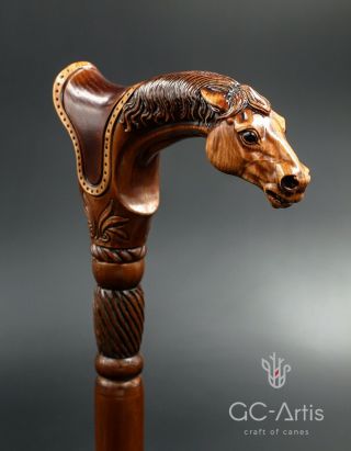 Designer Art Wooden Cane Walking Stick Horse With Saddle - Animal Wood Carved