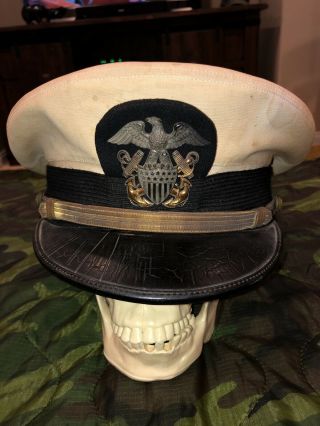 Ww2 Us Navy Officers White Visor Hat Combination Cap Size 7,  Sterling Cap Badge