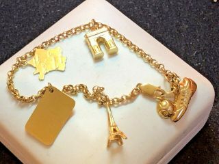 14k Gold Designer Signed Milor Charm Bracelet With 5 Charms 3 - D Eiffel Tower