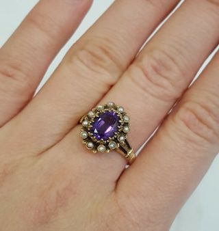 Vintage Victorian Amethyst & Seed Pearl Ring 14K Yellow Gold Size 6.  75 10