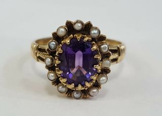 Vintage Victorian Amethyst & Seed Pearl Ring 14k Yellow Gold Size 6.  75