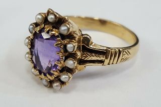 Vintage Victorian Amethyst & Seed Pearl Ring 14K Yellow Gold Size 6.  75 2