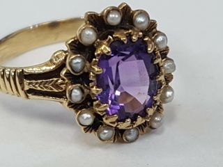 Vintage Victorian Amethyst & Seed Pearl Ring 14K Yellow Gold Size 6.  75 3