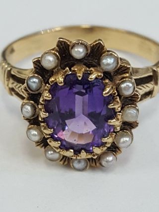 Vintage Victorian Amethyst & Seed Pearl Ring 14K Yellow Gold Size 6.  75 4