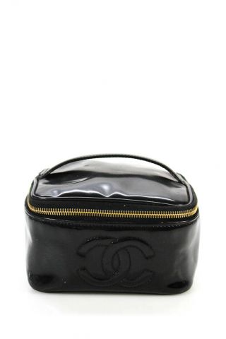 Chanel Womens Zip Around Cc Mini Cosmetic Bag Black Patent Leather Vintage
