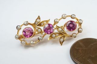 Very Pretty Antique English 15k Gold Pink Tourmaline ? Pearl Brooch C1900