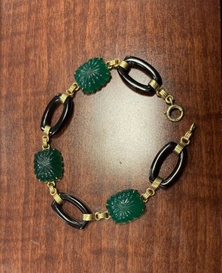 Antique Vintage Art Deco 14k Yellow Gold Jade And Onyx Bracelet 15.  5 Grams