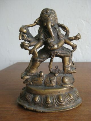 Fine Old Antique India Hindu 8 Arm Lord Ganesha Deity W/rat Brass Statue Figure