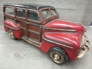 Vintage Wood & Metal 20 " Model Toy Car Painted Red Brown Black Unmarked