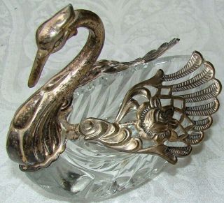 Large 5 1/2 " Ornate Repousse Silver Plate Wing Cut Glass Swan Open Salt Cellar