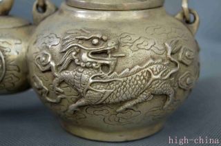 Collectable Tibet Old Handwork Miao Silver Carve Myth Kylin Gourd Amulet Teapot 2