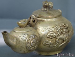Collectable Tibet Old Handwork Miao Silver Carve Myth Kylin Gourd Amulet Teapot 3