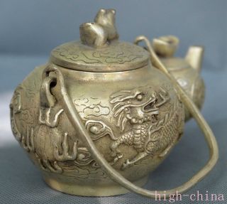 Collectable Tibet Old Handwork Miao Silver Carve Myth Kylin Gourd Amulet Teapot 4