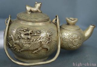Collectable Tibet Old Handwork Miao Silver Carve Myth Kylin Gourd Amulet Teapot 5