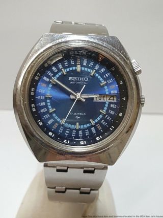 Vintage Seiko 7006 - 6039 17j Automatic Day Date Cool Blue Dial Mens Blue Watch