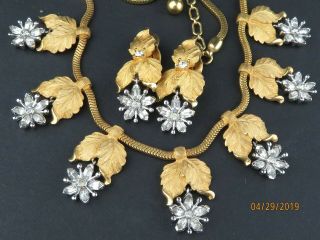Vintage Signed Pennino Rhinestone Gold Tone Set Necklace Matching Clip Earrings