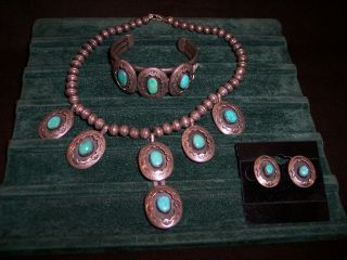 Navajo W Carviso Jr Sterling Silver Turquoise Bracelet Bead Necklace Set