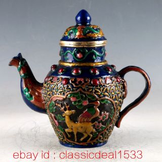 Antique Chinese Cloisonne Crane & Deer & Pine Tree Teapot W Qianlong Mark Cc0027