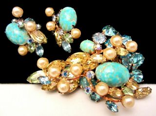 Rare Vintage Signed Hattie Carnegie 3 " Jeweled Brooch & 1 - 1/2 " Clip Earring A37