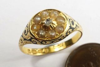 Antique Victorian English 18k Gold Black Enamel Pearl & Diamond Ring C1871